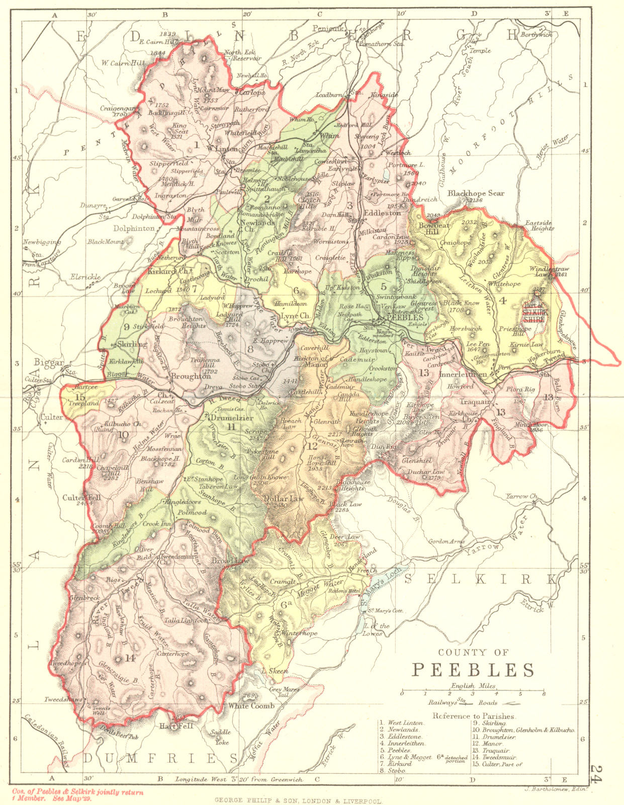 SCOTLAND. Peebles. Peeblesshire. Philip 1891 old antique map plan chart